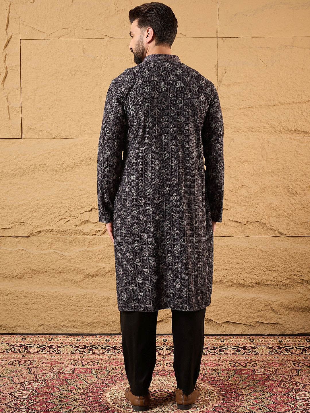Ethnic Bay Mens Grey Viscose Rayon Ethnic Motifs Embroidered Chikankari Straight Kurta With Pant Set-MKSET1165