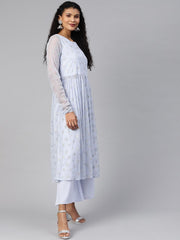 Blue Net Silver Glitter Printed Kurta Palazzo Set-AHKUPZ-Combo-260