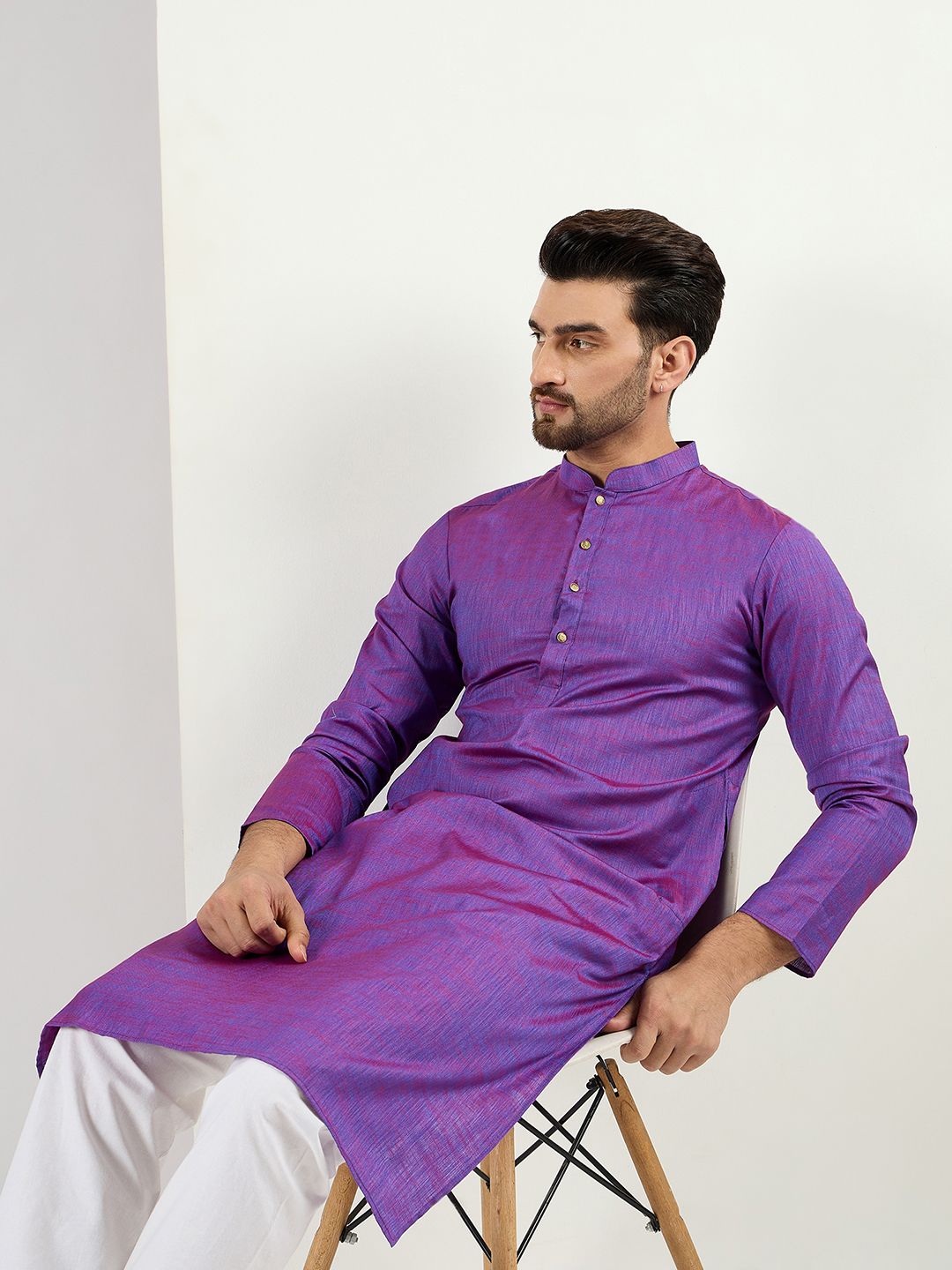 Ethnic Bay Men Purple Cotton Solid Woven Design Straight Kurta With Pant Set-MKSET1099