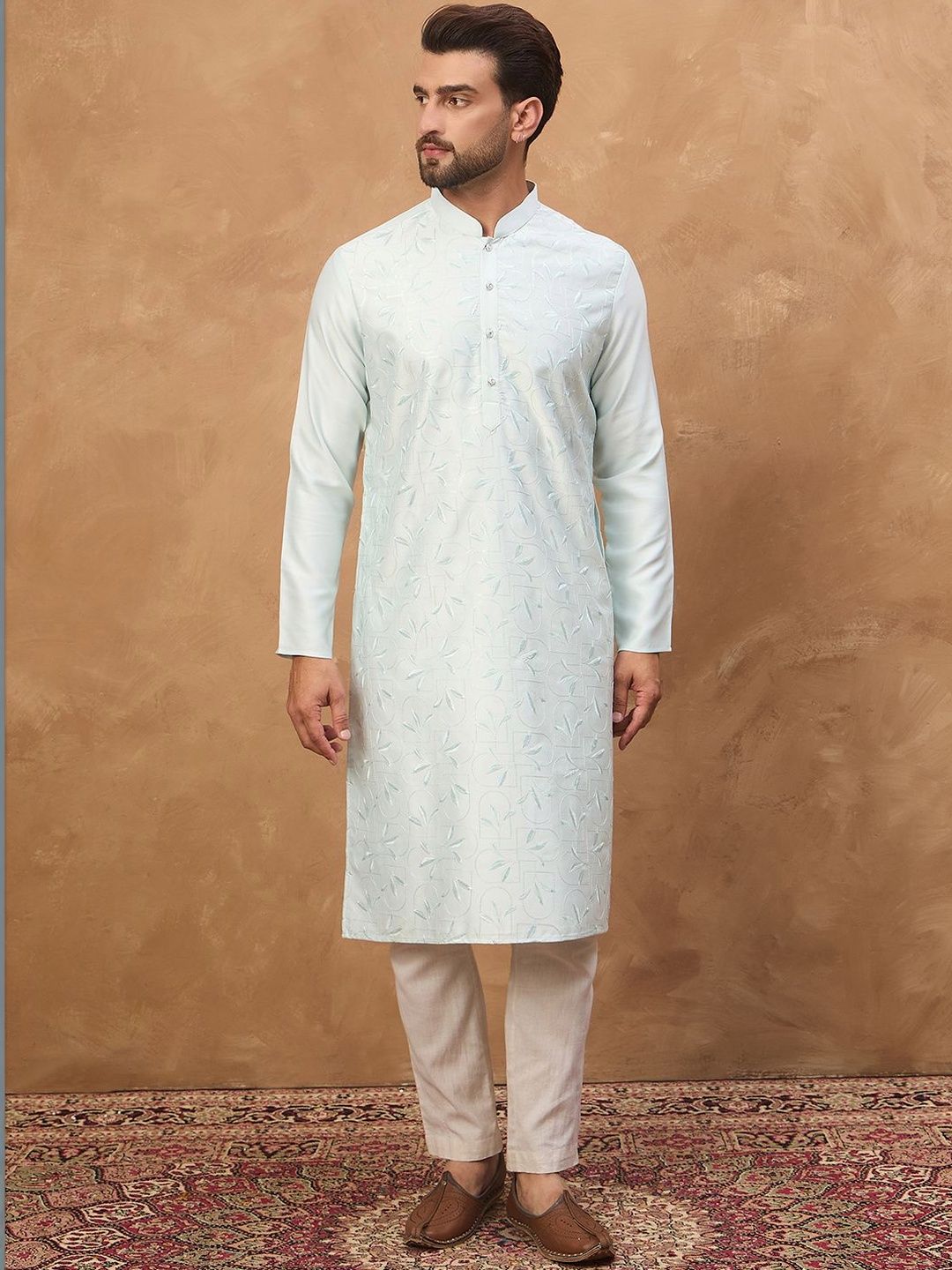 Ethnic Bay Men Blue Silk Blend Solid Embroidered Straight Kurta With Pant Set-MKSET1446