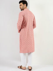 Ethnic Bay Men Pink Viscose Rayon Embroidered Straight Kurta With Pant Set-MKSET1060