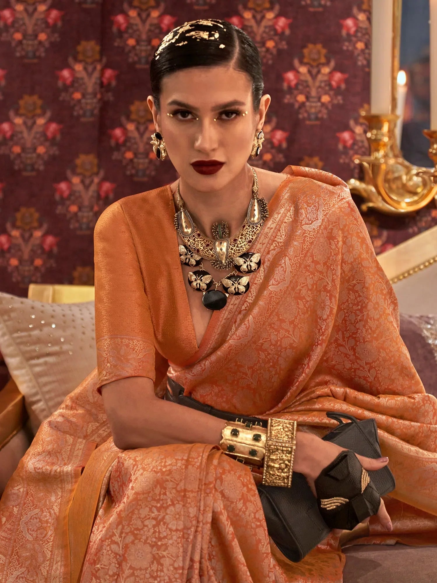 Orange Woven Polyester Saree with Blouse | Designer Sarees India