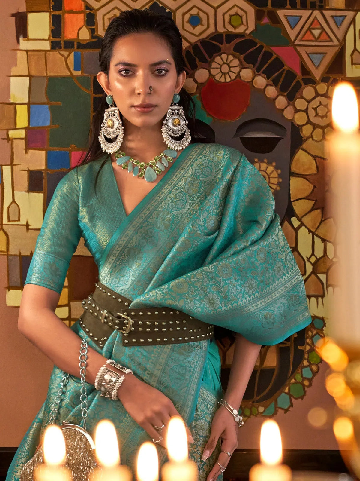 Women's Blend Blue Woven Design Designer Saree With Blouse Piece-KABBY321006