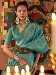 Women's Blend Blue Woven Design Designer Saree With Blouse Piece-KABBY321006