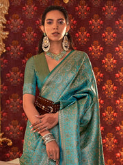 Women's Blend Blue Woven Design Designer Saree With Blouse Piece-KABBY321006