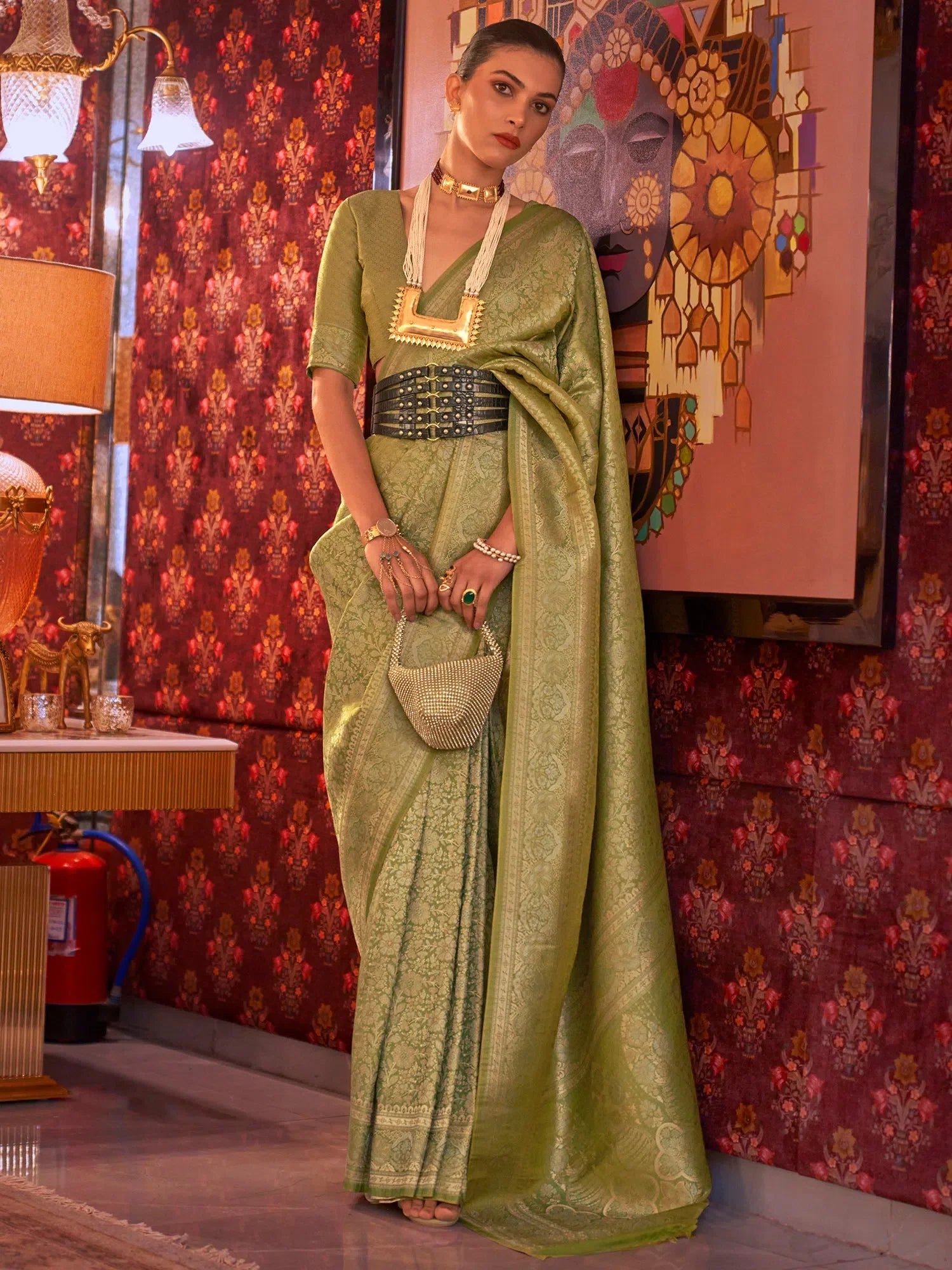 Green Woven Polyester Saree | Indian Sarees with Matching Blouse