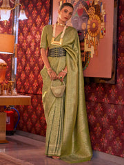 Women's Blend Sea Green Woven Design Designer Saree With Blouse Piece-KABBY321008
