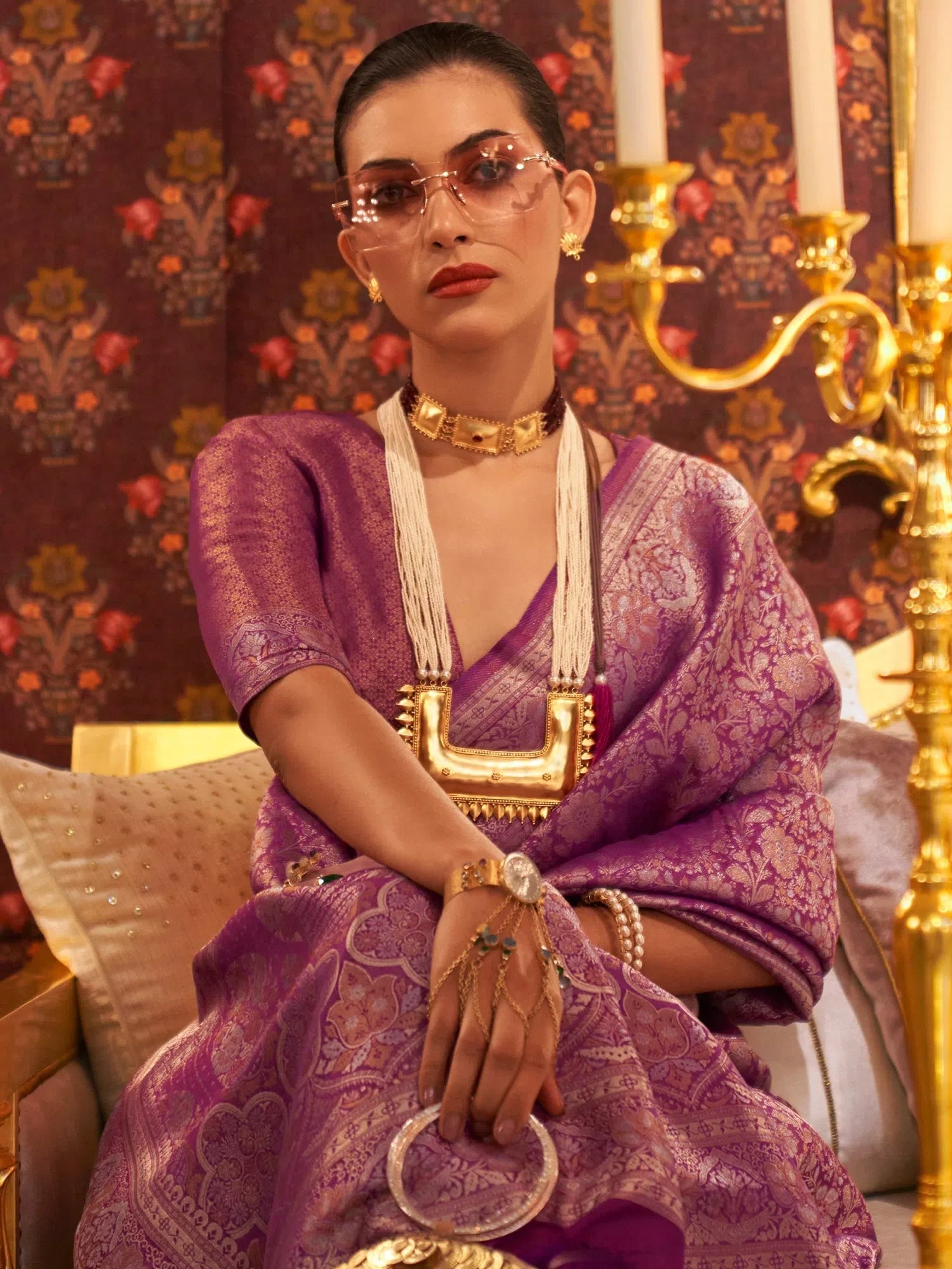 Elegant Purple Woven Polyester Saree with Blouse | Indian Sarees