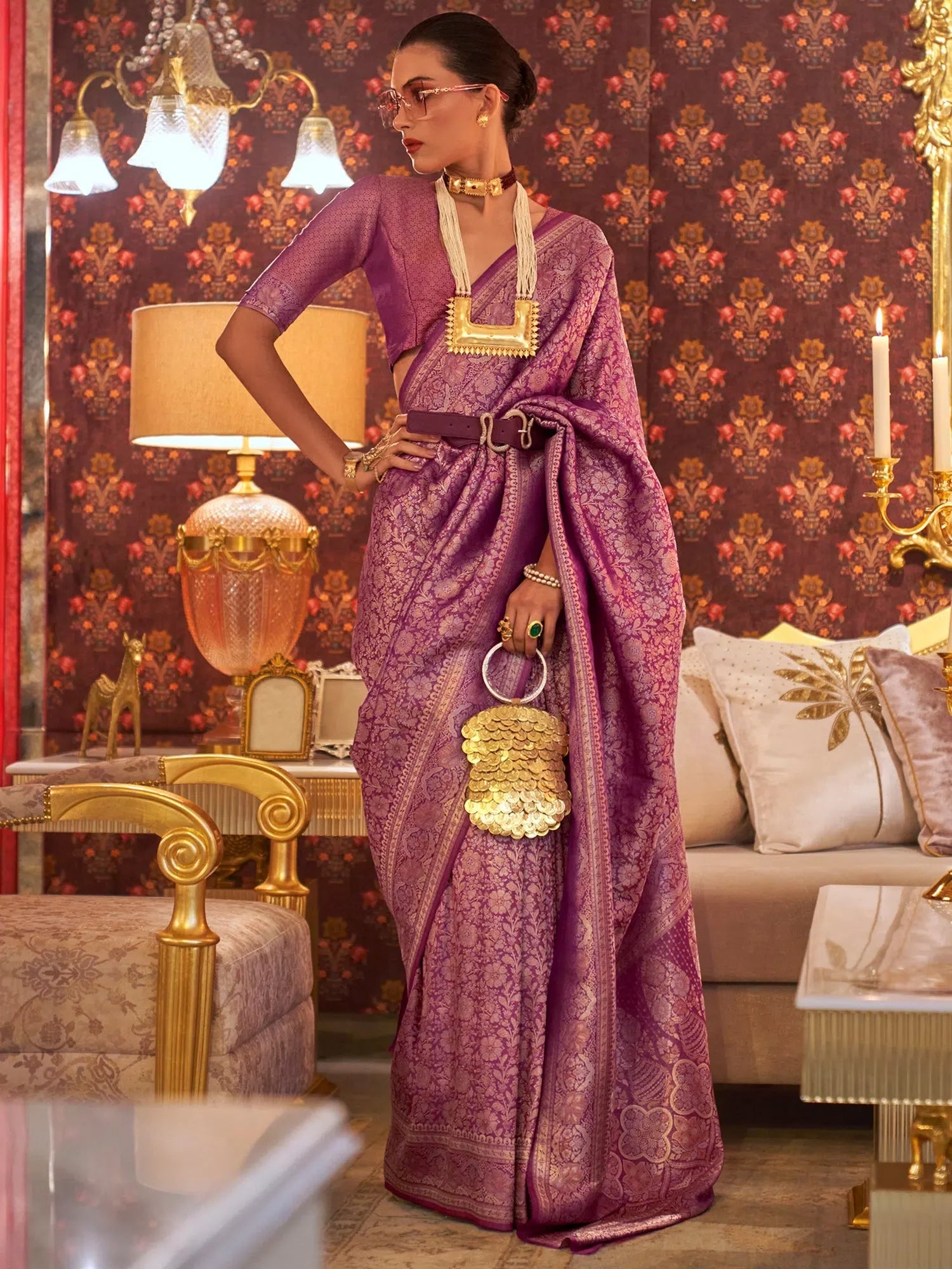 Elegant Purple Woven Polyester Saree with Blouse | Indian Sarees