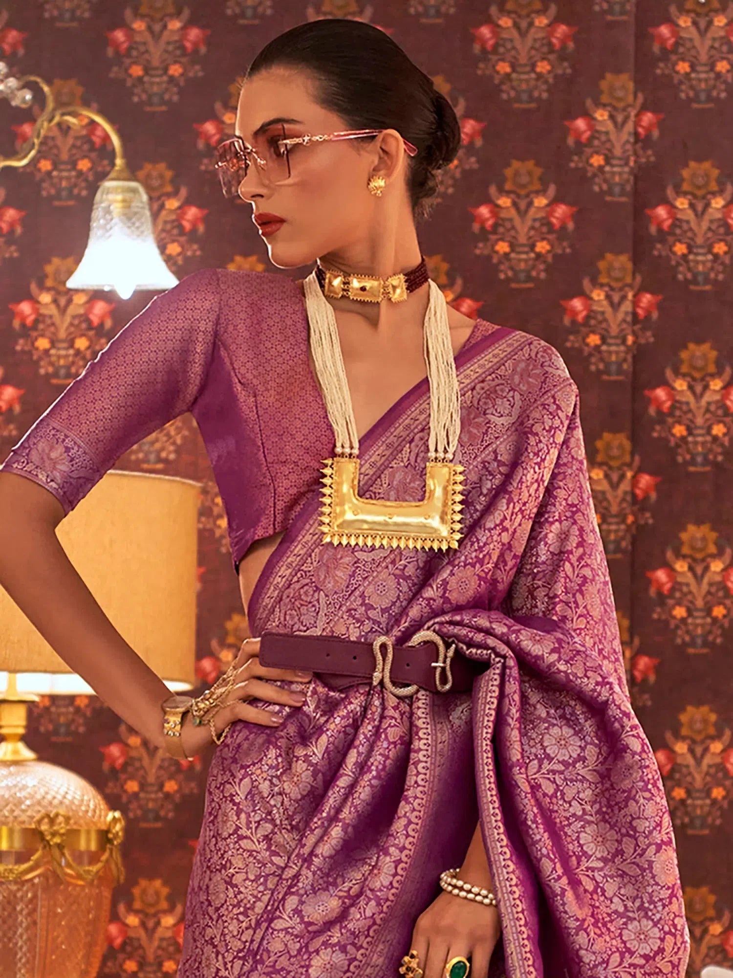Elegant Purple Woven Polyester Saree with Blouse | Indian Sarees