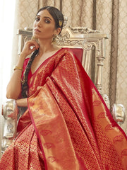 Women's Blend Pink Woven Design Handloom Saree With Blouse Piece-KABHA204004