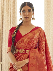 Women's Blend Pink Woven Design Handloom Saree With Blouse Piece-KABHA204004