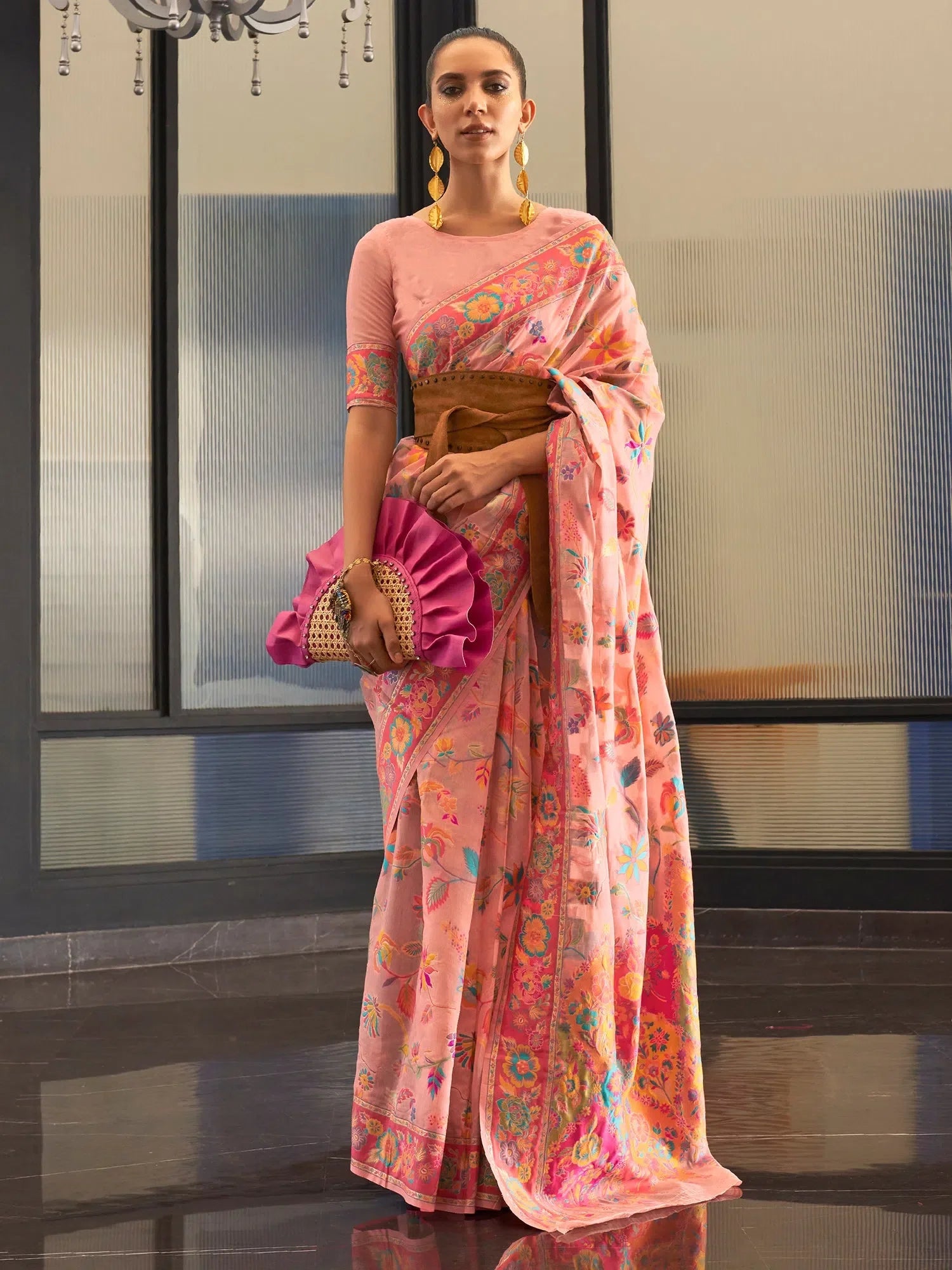 Graceful Pink Woven Polyester Saree with Blouse | Ethnic Indian Wear