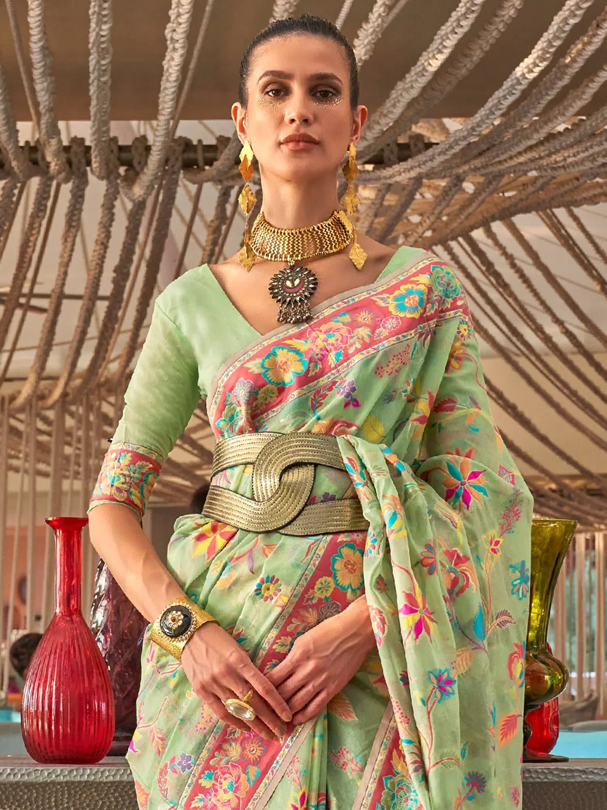 Women's  Blend Green Woven Design Designer Saree With Blouse Piece-KABIRA311003