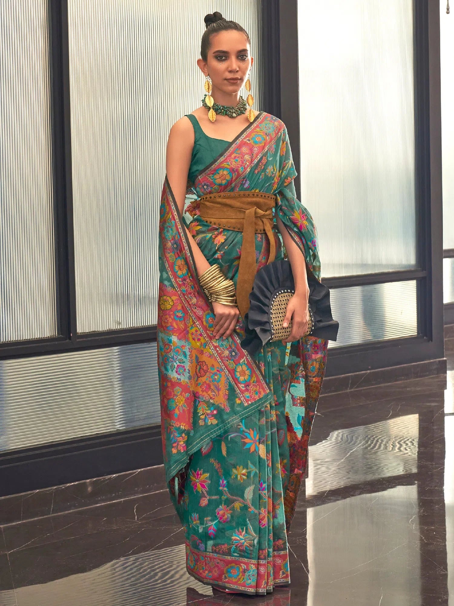 Teal Blue Designer Sarees India - Woven Polyester Sari