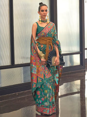 Women's Blend Teal Blue Woven Design Designer Saree With Blouse Piece-KABIRA311004