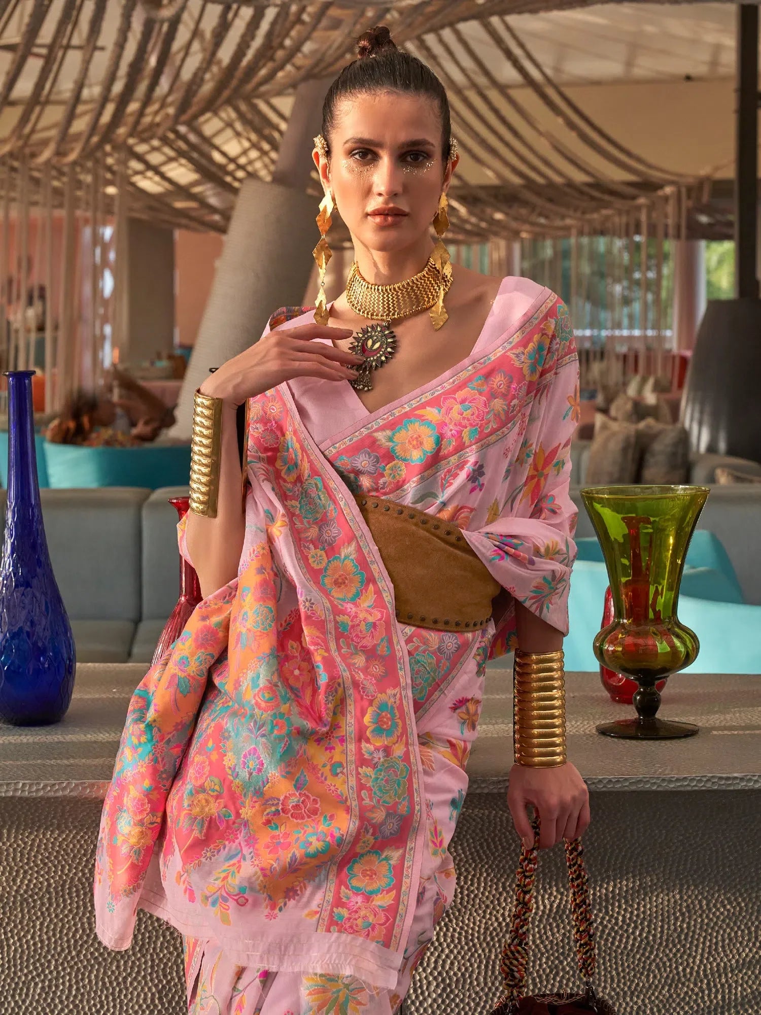 Traditional Pink Woven Polyester Saree | Premium Designer Sarees