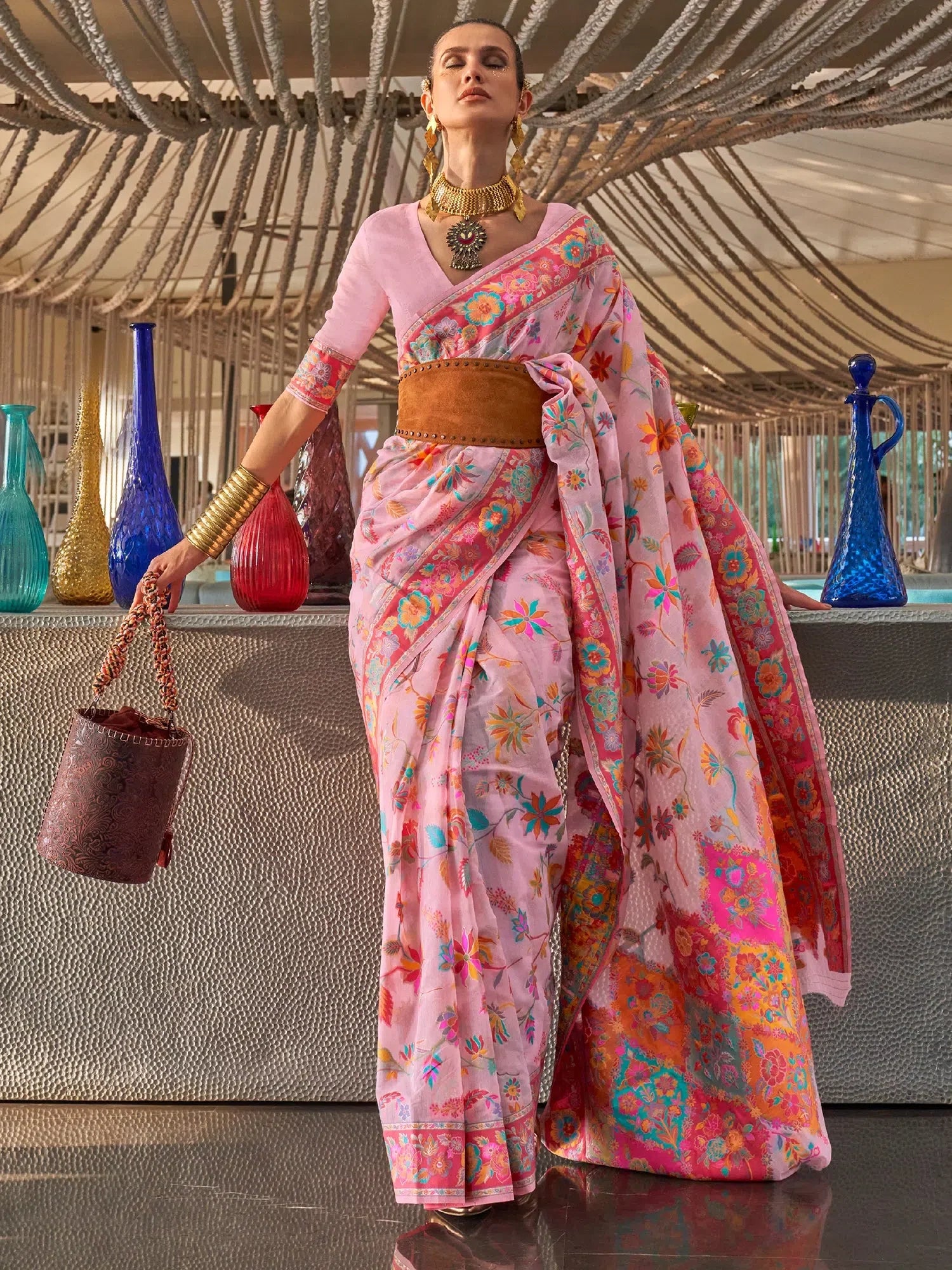 Traditional Pink Woven Polyester Saree | Premium Designer Sarees