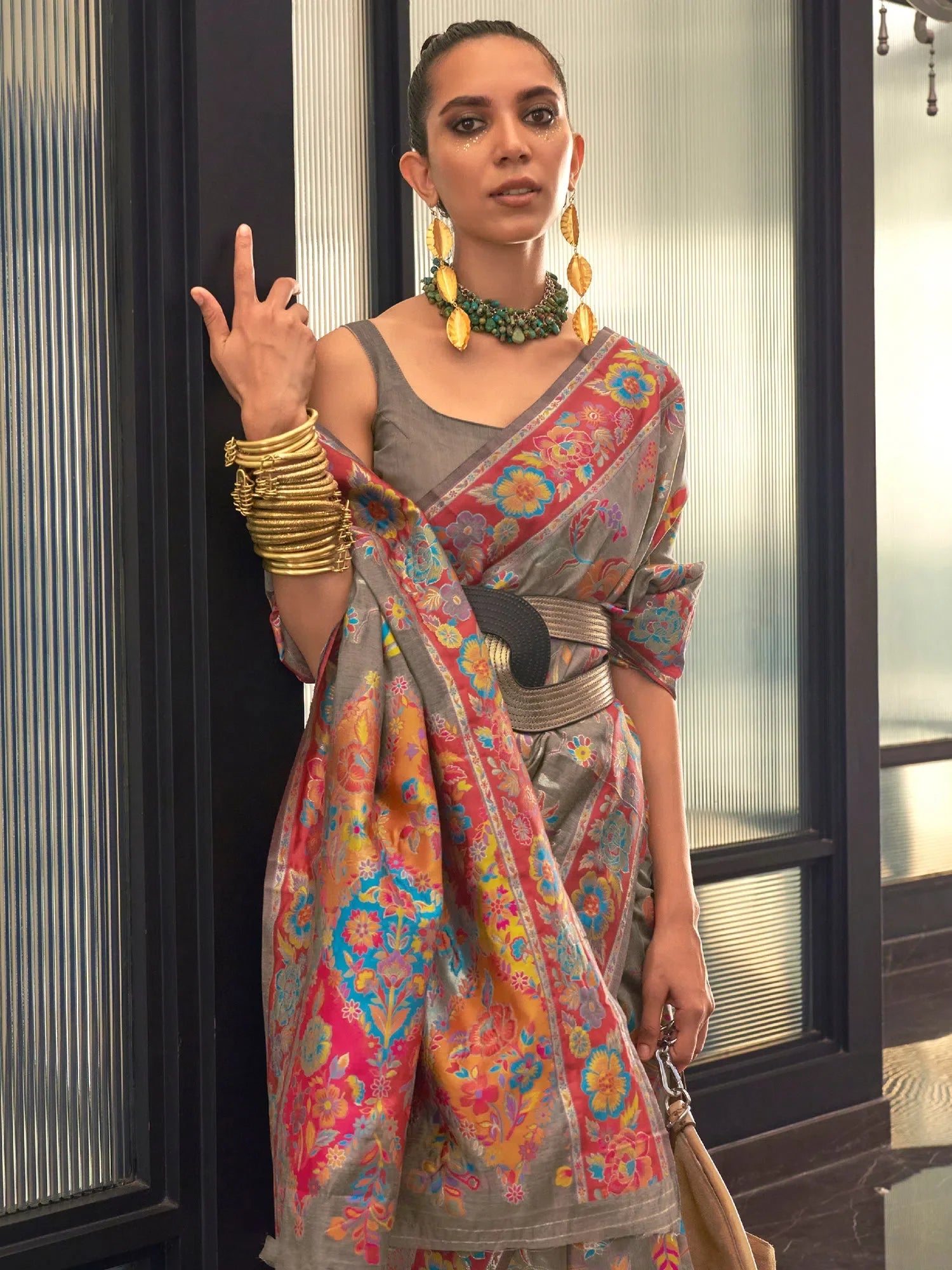Charcoal Grey Polyester Saree | Indian Sarees with Blouse
