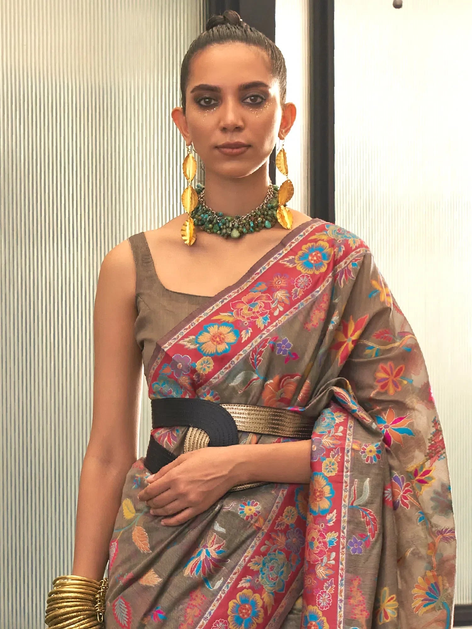 Charcoal Grey Polyester Saree | Indian Sarees with Blouse