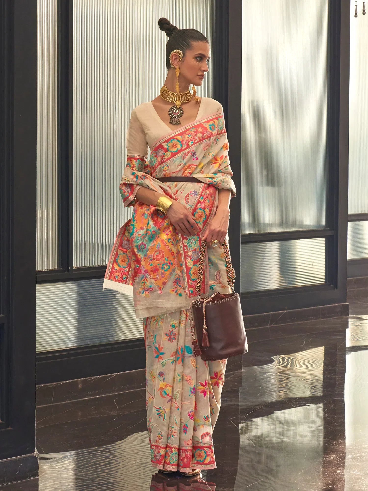 Cream Woven Polyester Saree with Blouse – Festive Wear Indian Sarees
