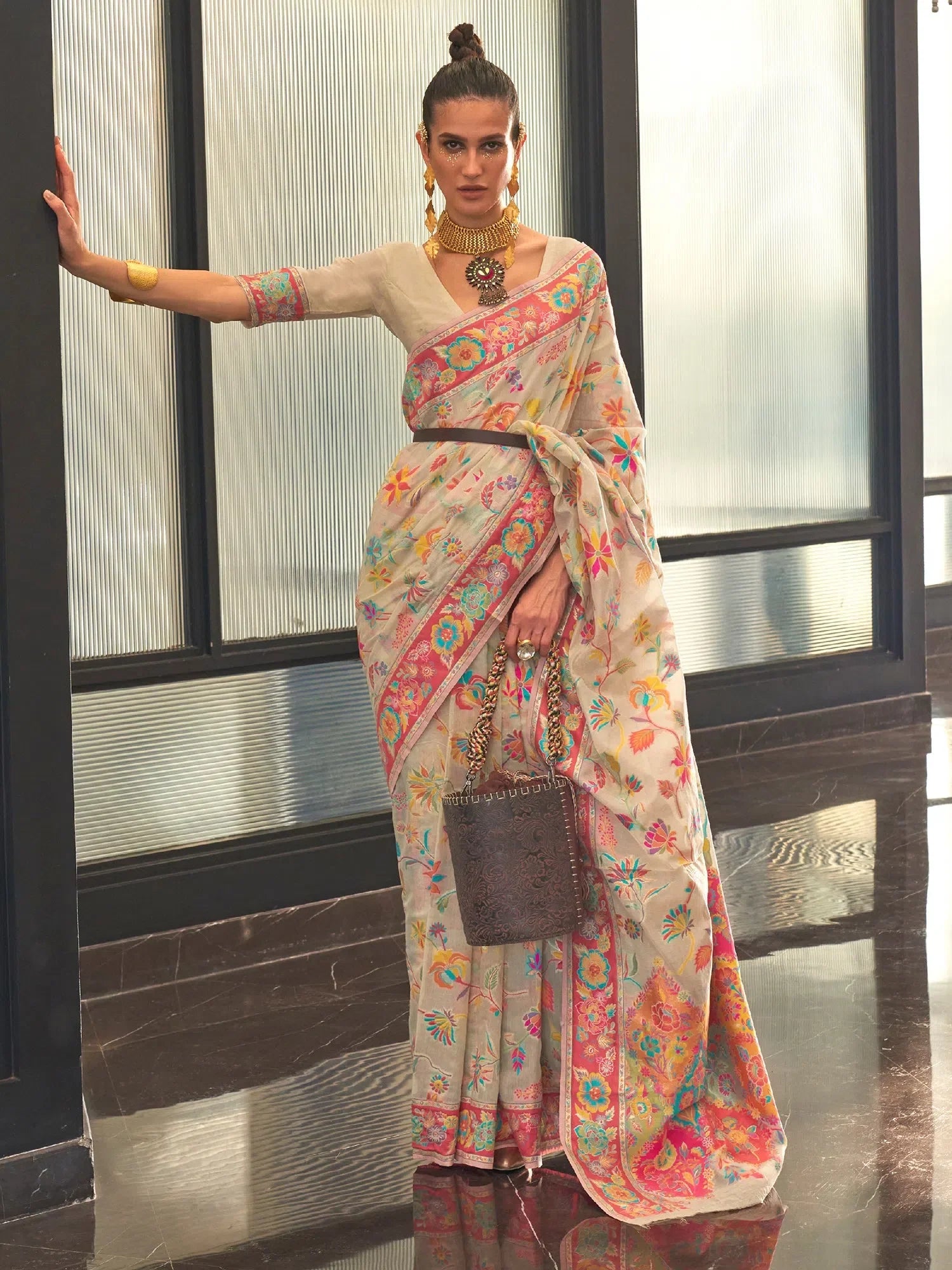 Cream Woven Polyester Saree with Blouse – Festive Wear Indian Sarees