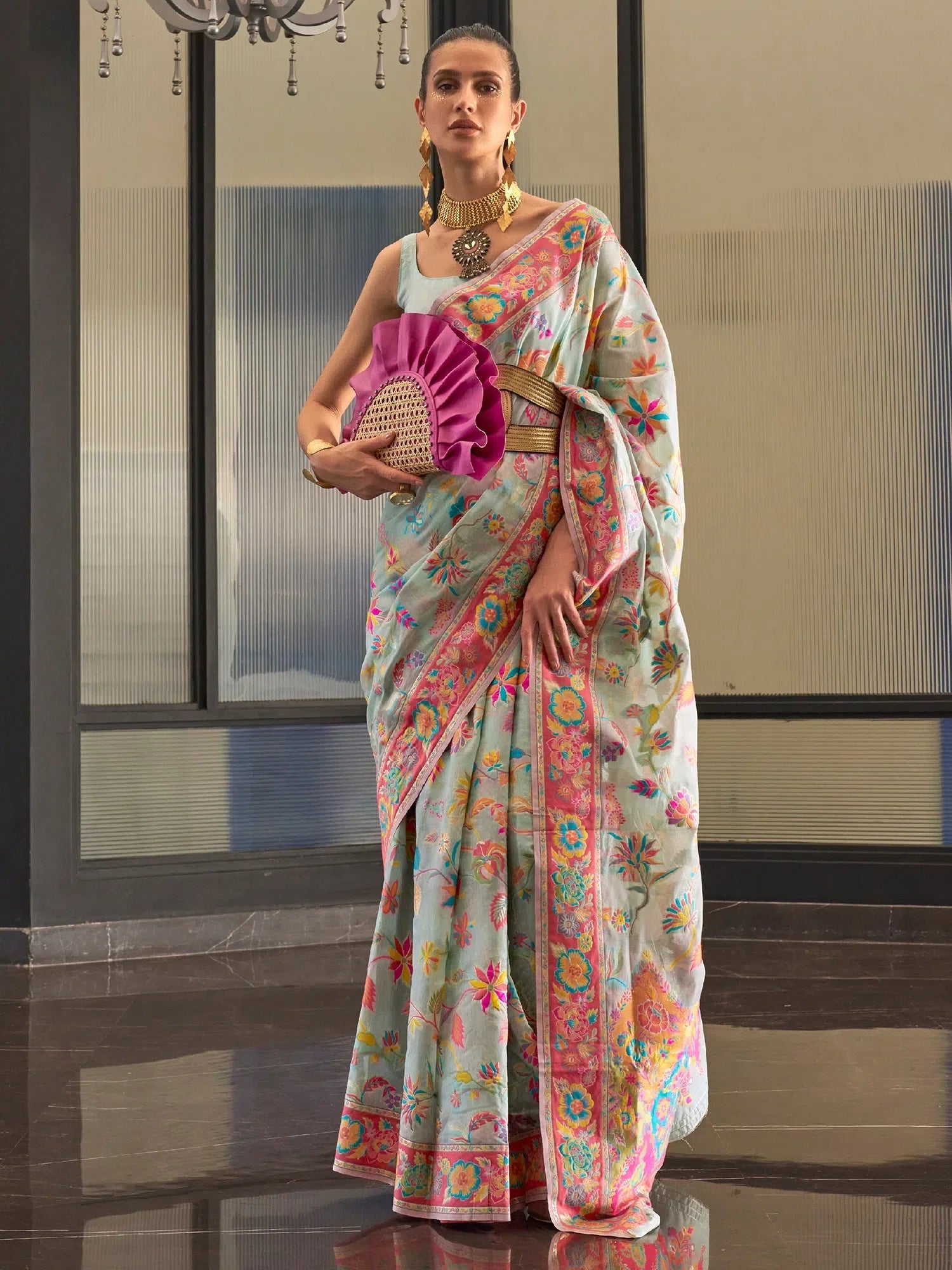 Blue Ornamental Woven Polyester Saree with Blouse | Ethnic Indian Sarees