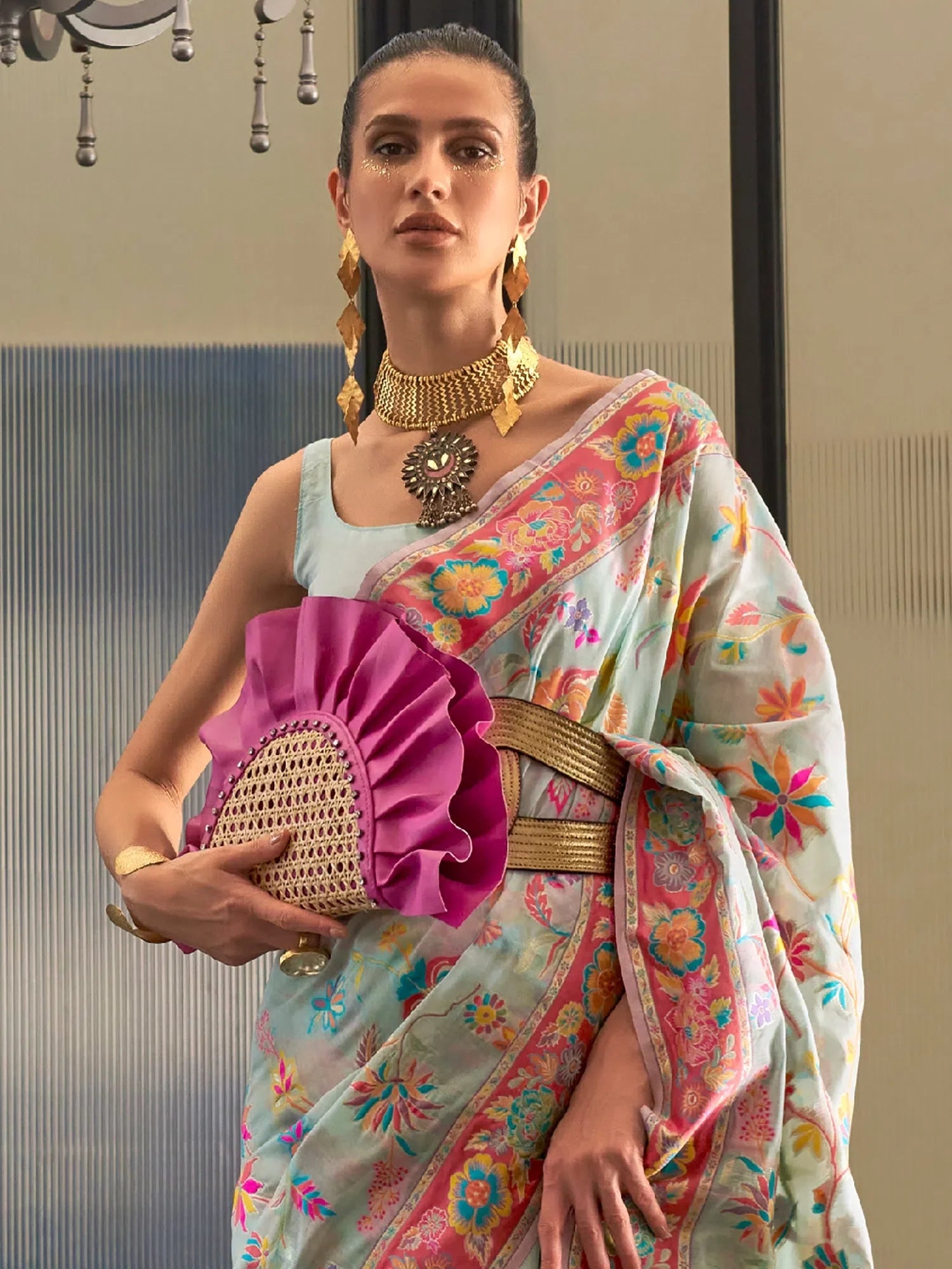 Blue Ornamental Woven Polyester Saree with Blouse | Ethnic Indian Sarees