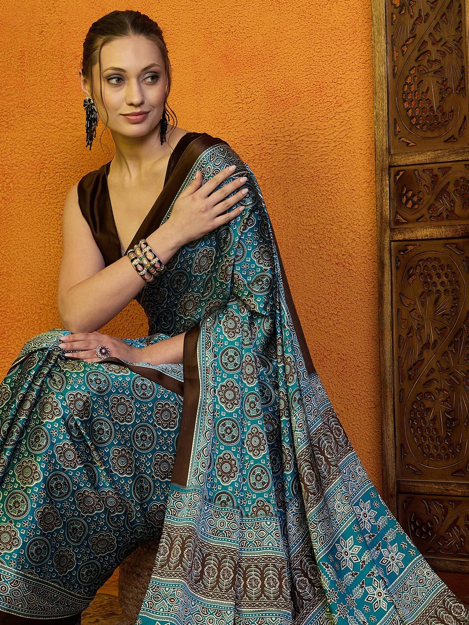 Blue Printed Satin Saree - Designer Sarees India