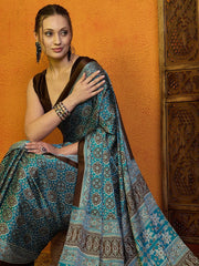 Women's Satin Blue Printed Designer Saree With Blouse Piece-KADALI103