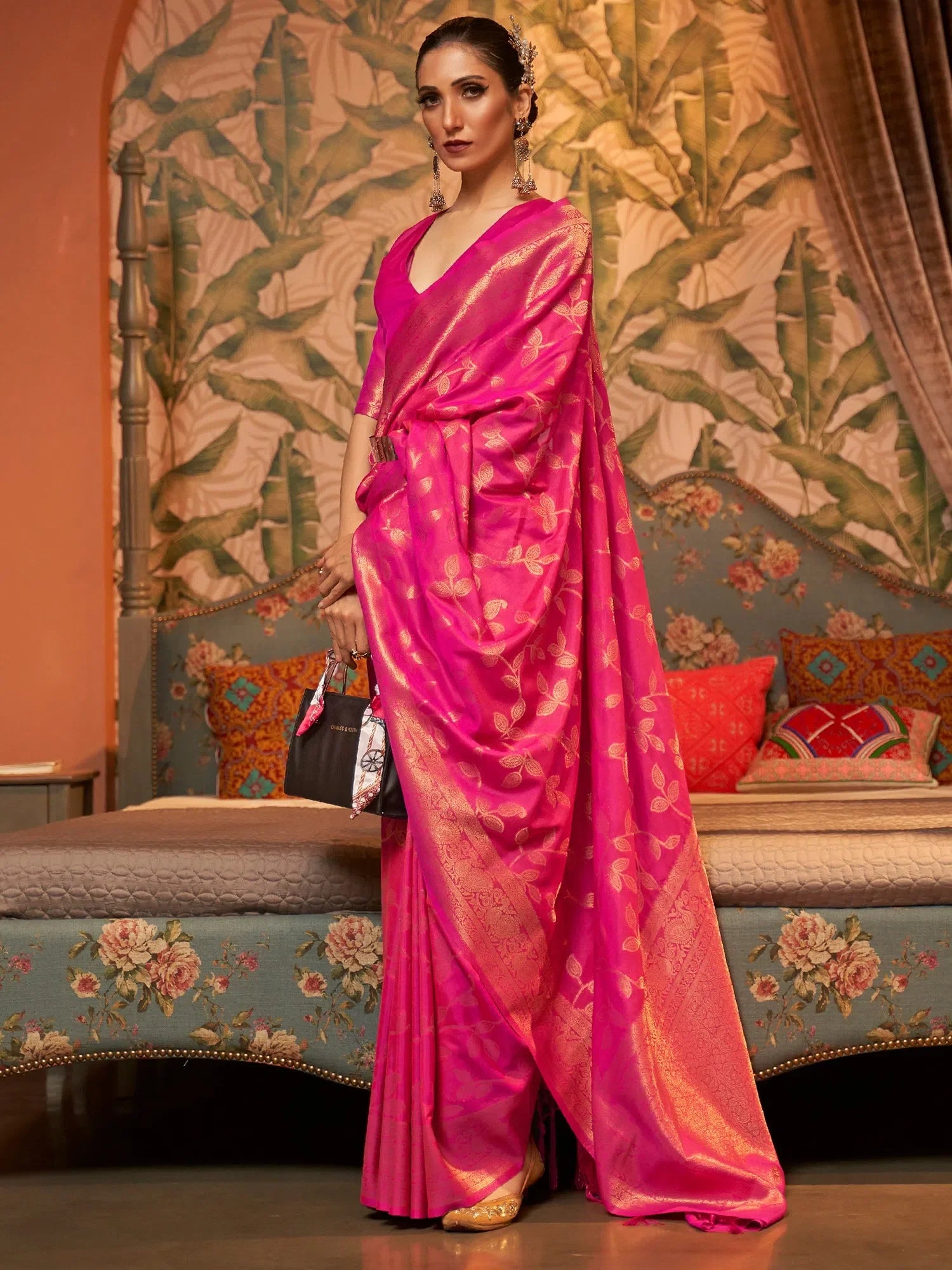 Pink Festive Woven Polyester Saree with Blouse | Best Designer Sarees India