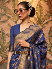 Women's  Blend Navy Blue Woven Design Designer Saree With Blouse Piece-KAFILA249007