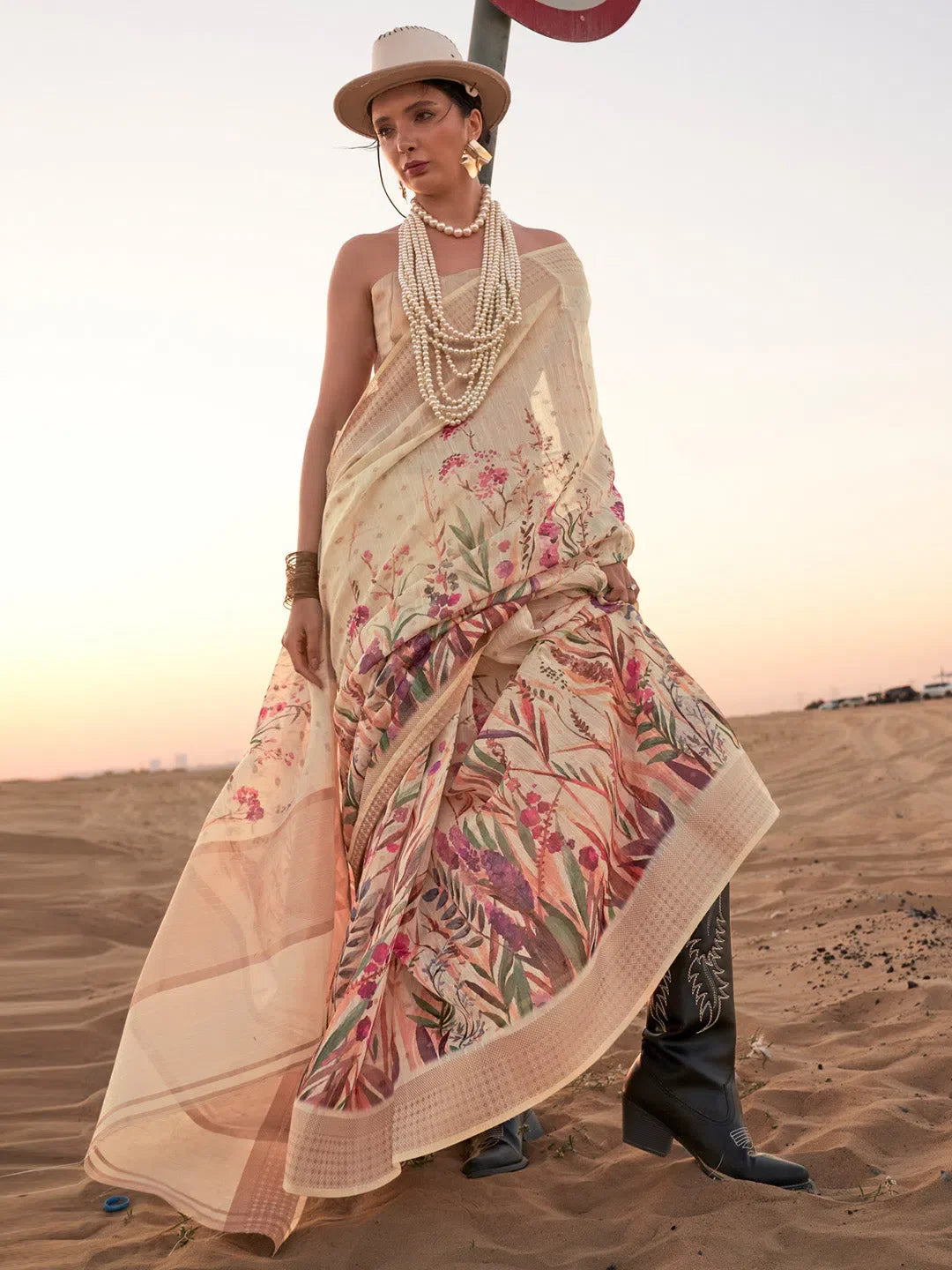 Women's Linen Cream Printed Designer Saree With Blouse Piece-KAFYN380002