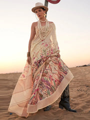 Women's Linen Cream Printed Designer Saree With Blouse Piece-KAFYN380002
