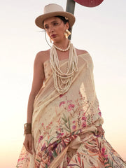 Women's Linen Cream Printed Designer Saree With Blouse Piece-KAFYN380002