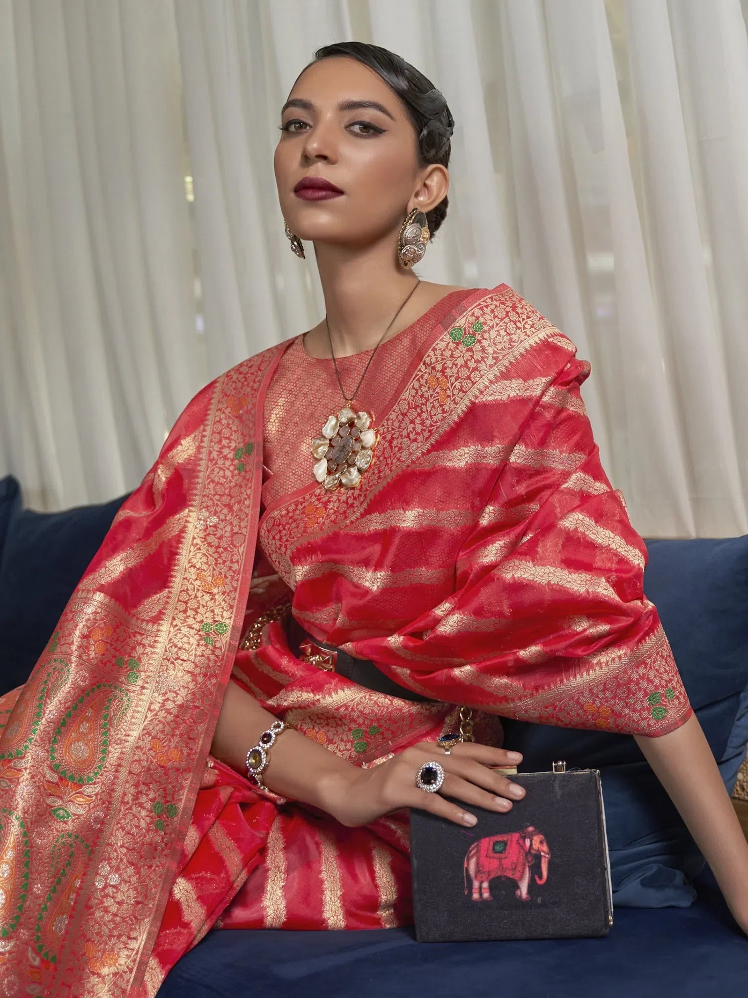 Red Organza Saree - Woven Design | Indian Sarees
