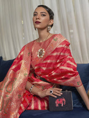 Women's Organza Red Woven Design Designer Saree With Blouse Piece-KAHANA279001