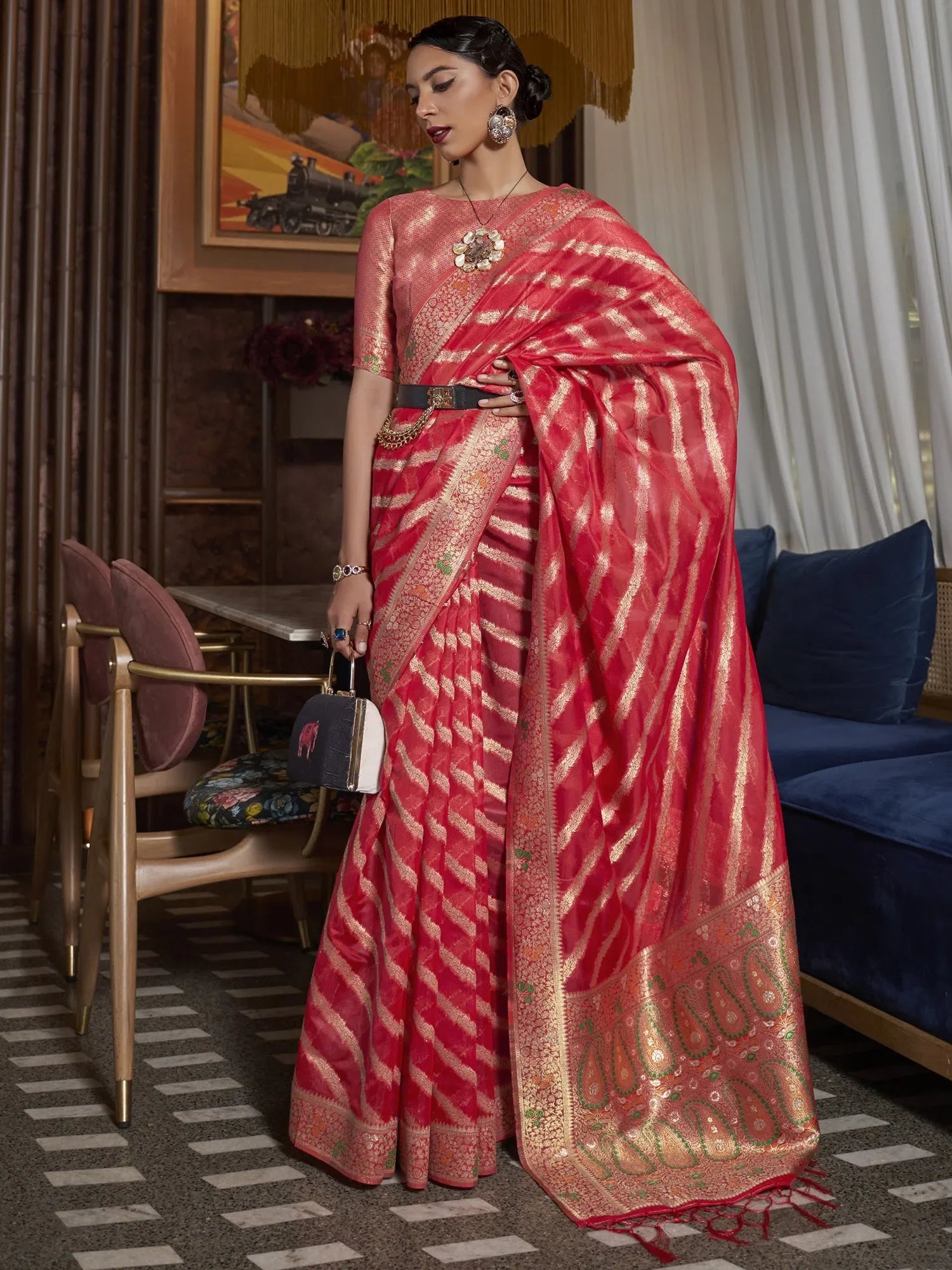 Red Organza Saree - Woven Design | Indian Sarees