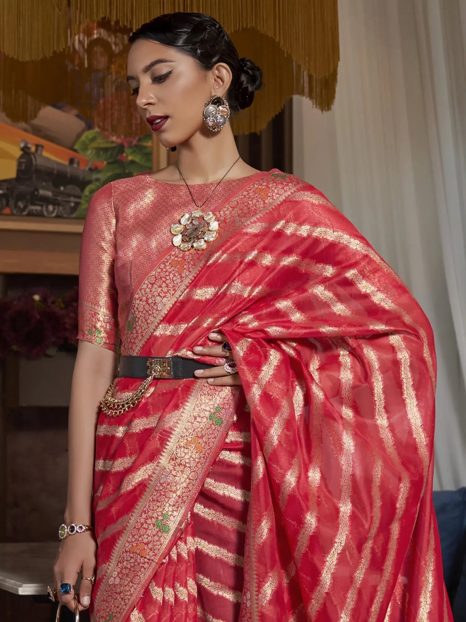Red Organza Saree - Woven Design | Indian Sarees