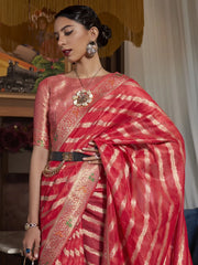 Women's Organza Red Woven Design Designer Saree With Blouse Piece-KAHANA279001