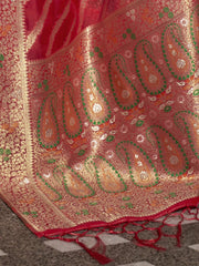 Women's Organza Red Woven Design Designer Saree With Blouse Piece-KAHANA279001