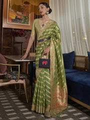 Women's Organza Olive Woven Design Designer Saree With Blouse Piece-KAHANA279002