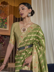 Women's Organza Olive Woven Design Designer Saree With Blouse Piece-KAHANA279002