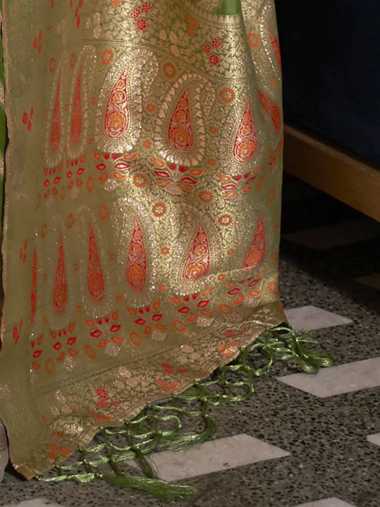 Olive Organza Saree: Designer Indian Sari & Blouse
