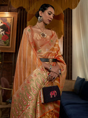 Women's Organza Orange Woven Design Designer Saree With Blouse Piece-KAHANA279004
