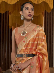 Women's Organza Orange Woven Design Designer Saree With Blouse Piece-KAHANA279004