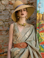 Women's Blend Olive Woven Design Designer Saree With Blouse Piece-KAIA354003