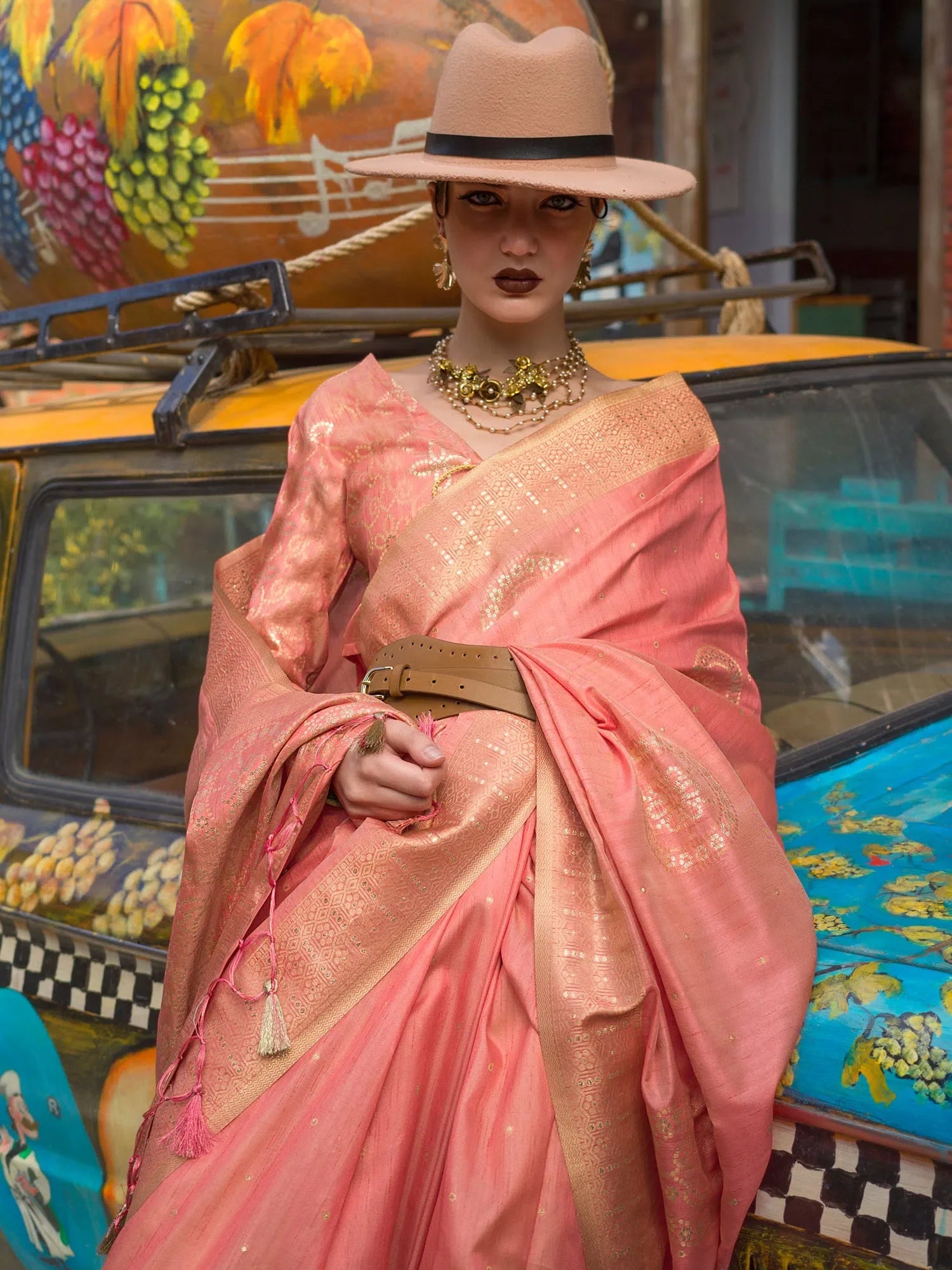 Peach Woven Indian Sarees: Designer Saree with Blouse