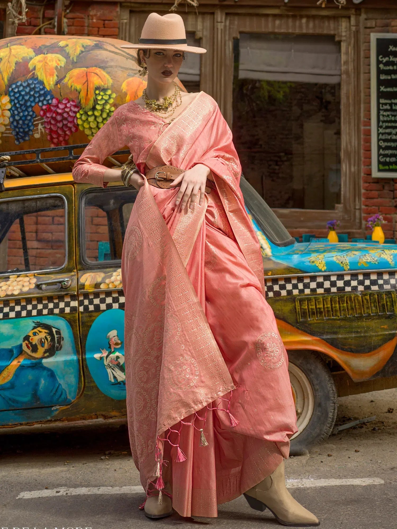 Peach Woven Indian Sarees: Designer Saree with Blouse