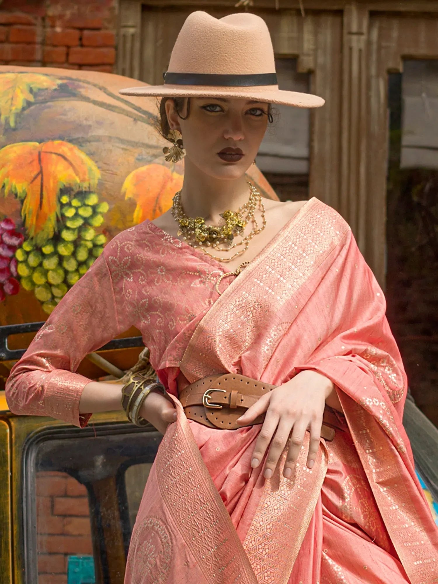 Peach Woven Indian Sarees: Designer Saree with Blouse
